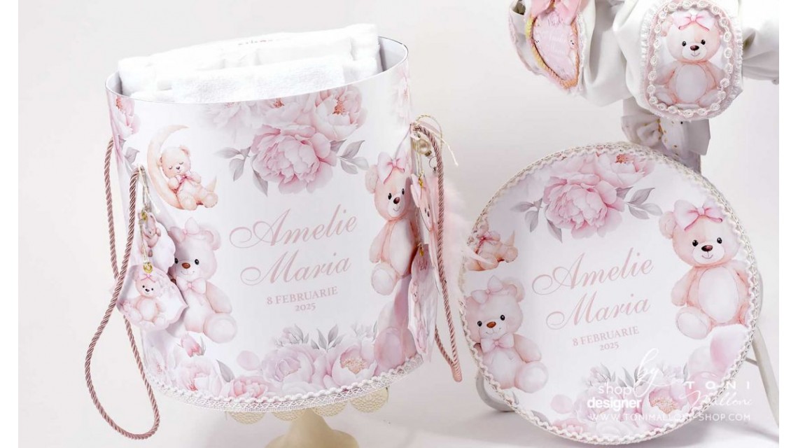 Trusou botez cu ursuleti si hortensii Teddy Bear Pink 9